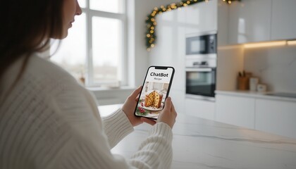 adult Caucasian woman sits in modern kitchen, intently viewing baked good image on her smartphone, with soft natural lighting and festive Christmas lights in background, evoking calm atmosphere
