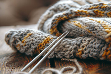 Cozy still life with knitting needles and warm yarn
