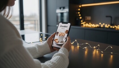 adult Caucasian woman uses smartphone displaying hot beverage photo on ChatBot app, in dimly lit room with warm string lights, conveying calm focus and relaxation, cozy lifestyle