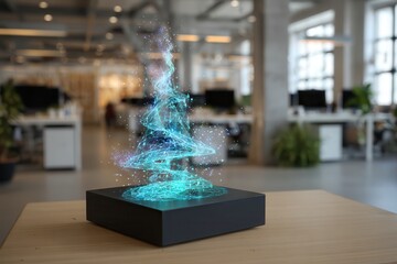 stylized, blue digital tree with dots rests on wooden surface in modern office, bathed in soft light evoking calmness and technology, serene minimalism, innovative design, tech focus