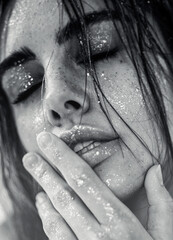 Studio close-up of a beautiful woman with natural makeup, wet hair, and sparkling glitter on her skin.