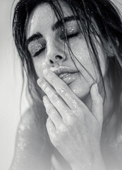 Studio close-up of a beautiful woman with natural makeup, wet hair, and sparkling glitter on her skin.