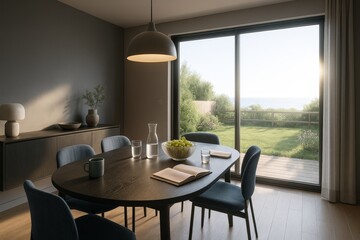 Modern dining room with natural light and garden view, elegant minimalist interior design with wooden table and soft neutral tones