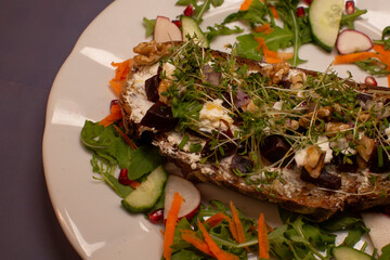 Delicious brunch dish, Poached eggs with fresh toppings, Eggs atop toast with vegetables and microgreens, Savory poached eggs served on toasted bread