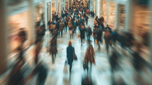 Blurred photo of shoppers in a mall during a fast-paced Black Friday sale