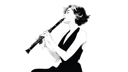 Fototapeta premium Elegant Woman Playing Clarinet in Black Dress Vector Illustration