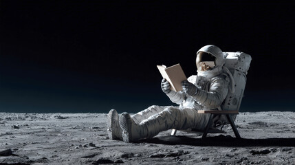 Astronaut enjoying moment of solitude and leisure, reading book while seated on desolate, rocky surface of the moon against the stark black sky. A conceptual image of relaxation and space exploration