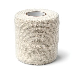 White roll of gauze is sitting on a white background. The gauze is white and has a white band around it