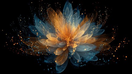 Stunning abstract fractal flower bursts with vibrant golden and blue light particles, creating a magical, ethereal glow on black background
