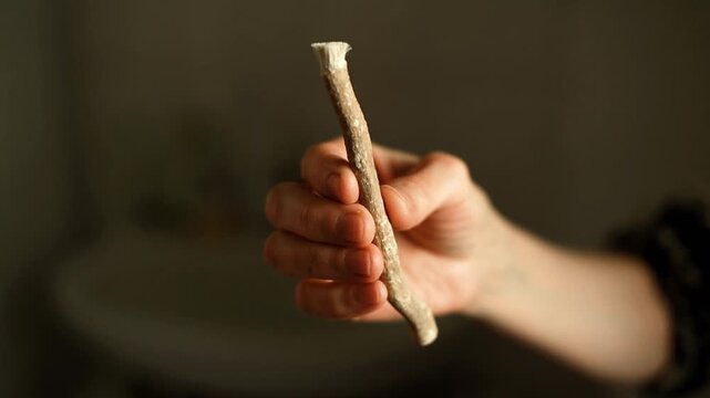 Older woman's hands meticulously display the natural bristle texture of a Miswak stick (Salvadora persica), emphasizing its unique properties for eco-friendly dental hygiene in a slow-motion style.