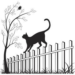 Black cat walking on fence with tree