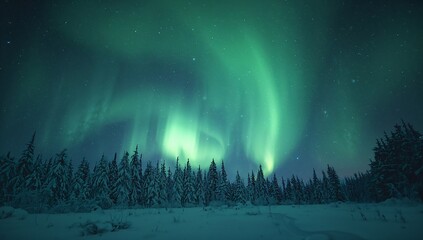 Aurora borealis northern lights landscape winter night sky green glow trees snow nature travel scenic view on transparent background