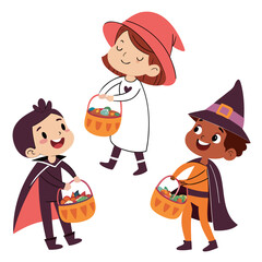Three kids in halloween costumes going trick or treating