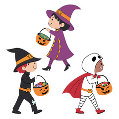 Three kids in halloween costumes going trick or treating
