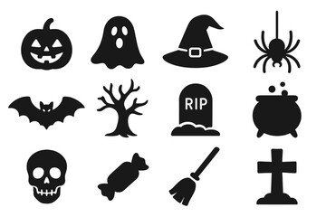 collection of Halloween icon silhouettes in vector format on a transparent background
