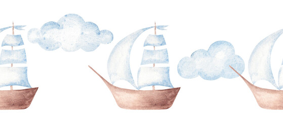 Watercolor sailing ship seamless border with clouds. Hand painted nautical pattern for baby nursery and baby shower cards and invitations.