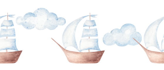Watercolor sailing ship seamless border with clouds. Hand painted nautical pattern for baby nursery and baby shower cards and invitations.