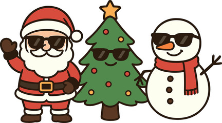 charming Santa Claus, Christmas tree, and snowman cartoon sporting sunglasses