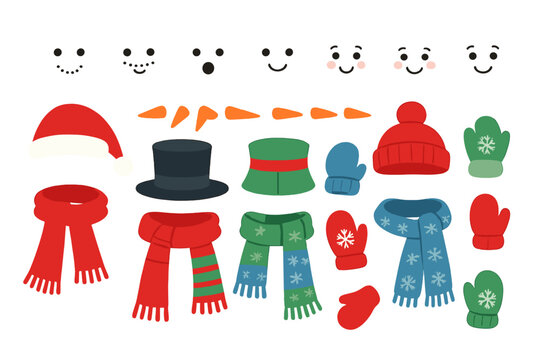 Create a snowman for Christmas and New Year, complete with expressive eyes, hats, scarves, mittens, and adorable winter clothing, presented as a vector illustration template