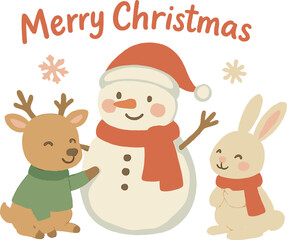 Obraz premium Illustration of a watercolor Merry Christmas scene featuring a snowman and cute holiday animals like deer and rabbit, perfect for Christmas celebration cards and winter New Year designs