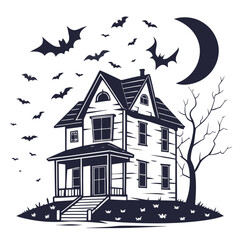 Haunted house with bats and moon