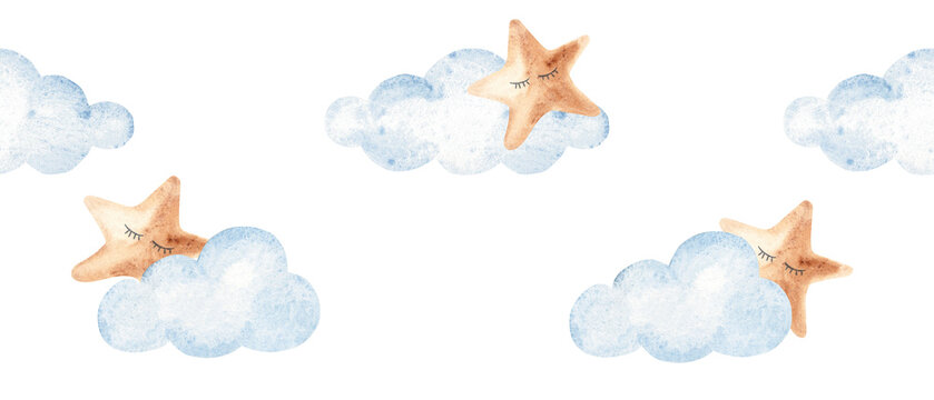 Watercolor sleeping star and cloud border, hand painted seamless baby night sky pattern for nursery and baby shower card.