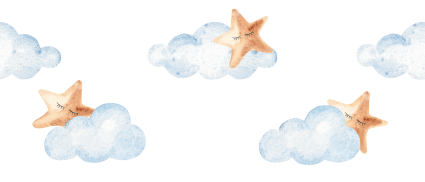 Watercolor sleeping star and cloud border, hand painted seamless baby night sky pattern for nursery and baby shower card.