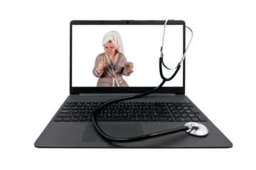 Laptop and medical stethoscope isolated on transparent background. On the laptop screen - a girl with cold symptoms holds a blister with pills and a glass of water