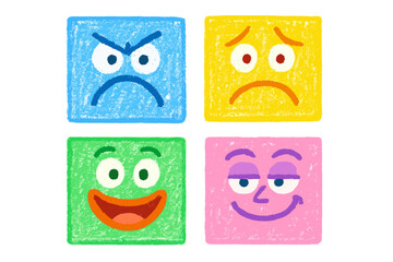 Fototapeta premium Square abstract comic faces expressing various emotions, drawn in crayon style with colorful characters, cartoonish flat design, and hand‑drawn trendy graphics
