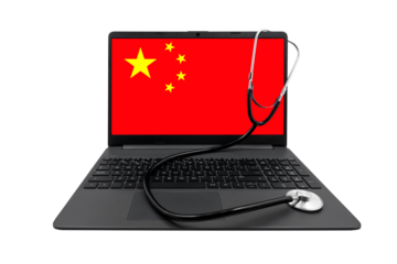 Laptop with China flag on the screen and a medical stethoscope on a transparent background. Chinese healthcare system concept