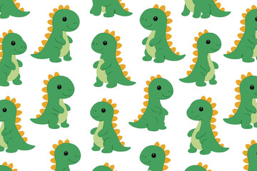 Fototapeta premium A seamless pattern featuring a cute cartoon dinosaur, along with flat patterns of reptiles, dragons, and monsters, and a seamless texture of a baby animal, all presented as a vector