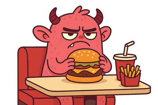 A spoiled, whiny child at a fast‑food restaurant, a , a funny monster kid eating a burger, childhood expressions of having fun, a cute pink creature, burger day, and a disgruntled café customer