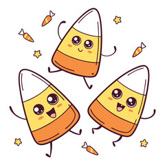 Cute candy corn characters dancing illustration