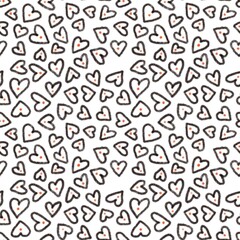Seamless abstract holiday pattern. Pink, black, white. Hearts, dots. Digital texture. Illustration. Design for textile fabrics, wrapping paper, background, wallpaper, cover.
