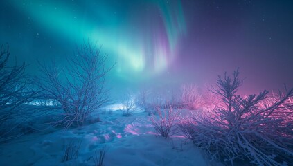 Aurora borealis northern lights winter landscape snow trees night sky nature background wallpaper photo on transparent background