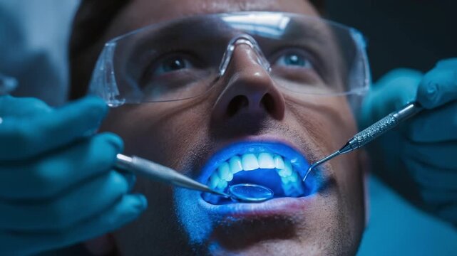 Dental procedure with a patient&rsquo;s teeth illuminated by a blue curing light.