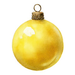 A lovely watercolor illustration of a single shiny yellow Christmas ornament with a vintage gold cap isolated on a black background