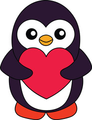 Cute Cartoon Penguin Holding A Heart In Sweet Romantic Pose Vector illustration