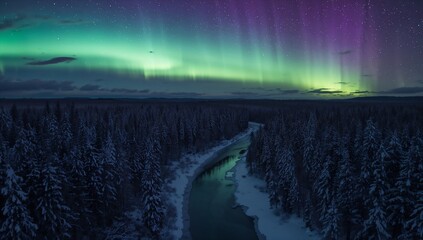 Aurora borealis northern lights winter landscape forest river scenic night sky travel photography on transparent background