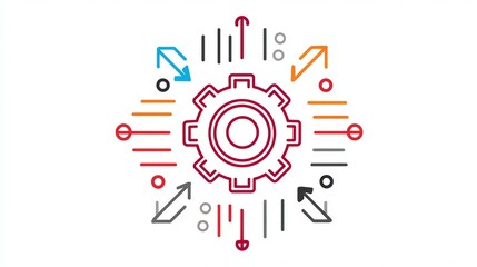 Dynamic gear icon symbolizes complex processes, data flow, and strategic planning with vibrant arrows indicating direction and progress for business innovation and system optimization.