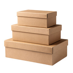 A stack of three plain brown cardboard boxes of varying sizes isolated on a black background,