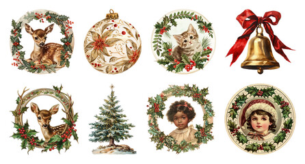 Fototapeta na wymiar PNG Vintage Christmas holiday decoration collection, element set on transparent background