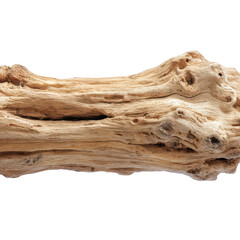 A weathered and textured piece of driftwood showing visible knots cracks and holes lies horizontally against a solid black backdrop
