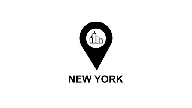 New York City location pin icon with skyline silhouette and text on white background Keywords: New York, NYC, city, location, pin, icon, map, marker, destination, travel, tourism, urban, skyline