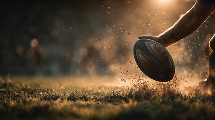 Rugby action with a player gripping the ball, dust and grass flying. Golden sunset tones and blurred stadium background emphasize intensity, team spirit, and dynamic movement