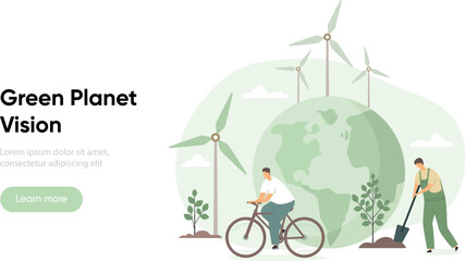 Sustainability and nature recovery concept by planting trees and using renewable energy. Eco friendly e-bike near windmills. ESG, green energy, sustainable industry with windmills. Low carbon concept 