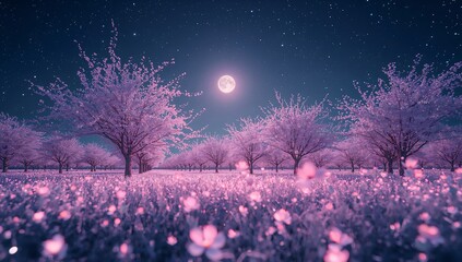 Dreamy landscape of cherry blossoms under moonlight and stars for backgrounds and wallpapers use image on transparent background