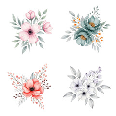 Fototapeta premium Four artistic floral arrangements with delicate petals and greenery perfect for design isolated on transparent background