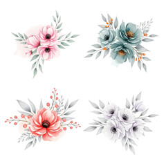 Fototapeta premium Beautiful watercolor floral arrangements with pink green and white flowers and leaves isolated on transparent background