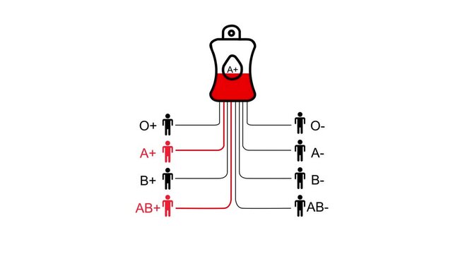 Blood type compatibility chart with A positive blood bag and compatible recipient icons Keywords: blood type, compatibility, chart, diagram, medical, healthcare, science, donation, transfusion, A